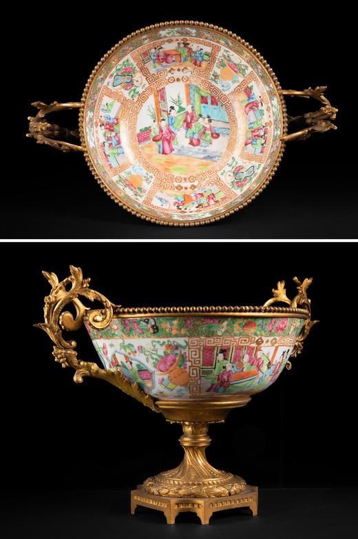 独角鹿西洋古董法国铜鎏金家和昌盛主题广彩人物纹潘趣碗 商品图1