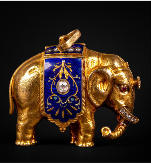 独角鹿西洋古董钟表瑞士珐琅饰黄金镶嵌钻石大象造型吊坠式怀表 商品图4