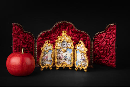 独角鹿西洋古董奥地利洛可可风铜鎏金彩色珐琅屏风式微缩座钟摆件 商品图1