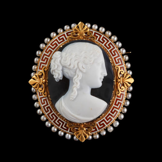 独角鹿西洋古董珠宝18K金镶野生珍珠珐琅Cameo卡梅奥玛瑙浮雕胸针 商品图0
