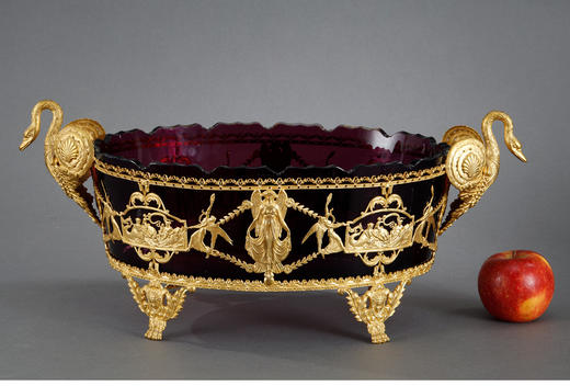 独角鹿西洋古董法国帝政风格天鹅与女神铜鎏金镂雕红色水晶双耳盆 商品图1