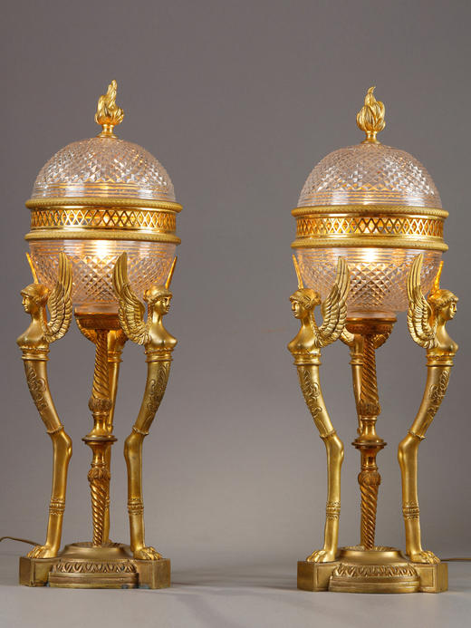 独角鹿西洋古董法国帝政风格胜利女神铜鎏金巴卡拉水晶台灯一对 商品图2