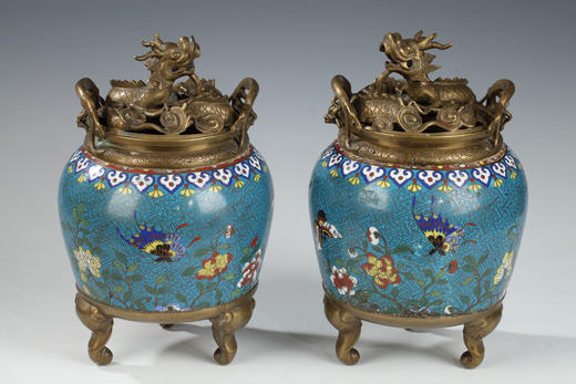 独角鹿西洋古董摆件中国铜鎏金底座镶嵌多彩掐丝珐琅香薰炉一对 商品图3