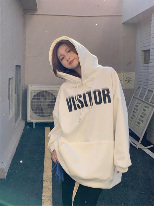 【带帽新款休闲百搭潮流女卫衣】慵懒风字母加绒连帽卫衣女2022秋冬新款中长款长袖白色宽松上衣服 商品图0