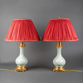 独角鹿西洋古董vintage欧式法式台灯一对百褶灯罩青瓷铜鎏金底座