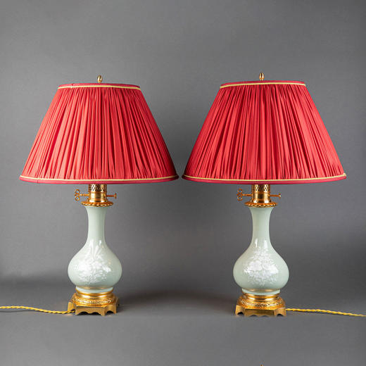 独角鹿西洋古董vintage欧式法式台灯一对百褶灯罩青瓷铜鎏金底座 商品图0