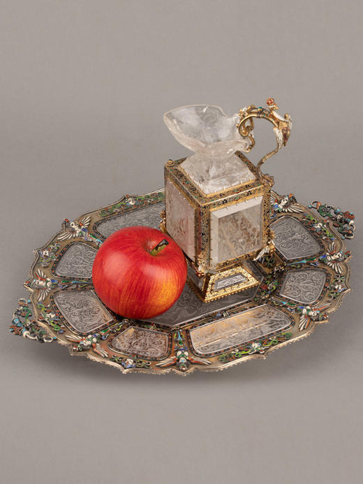 独角鹿西洋古董奥地利新文艺复兴银鎏金彩色珐琅水晶托盘水壶套件 商品图0