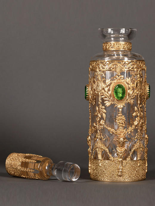 独角鹿西洋古董法国铜鎏金镶古典女子肖像绿色琉璃浮雕水晶烈酒瓶 商品图2