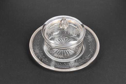 独角鹿西洋古董法国工匠Olier et Caron路易十六风水晶黄油罐银刀 商品图3