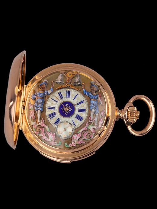 独角鹿西洋古董瑞士18K黄金白色玑镂珐琅活动人偶三问报时怀表 商品图2
