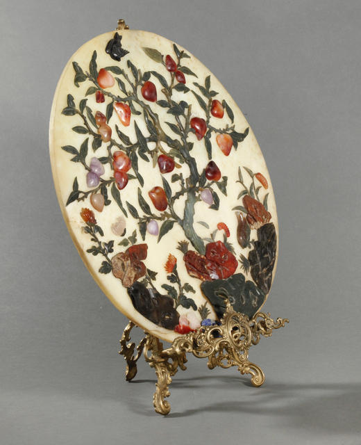 独角鹿西洋古董1900年代中国出品玛瑙青金石玉盘摆件 商品图2