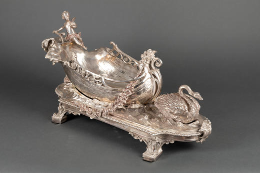 独角鹿西洋古董银器摆件19世纪法国出品天鹅游船主题铜镀银酒瓶架 商品图4