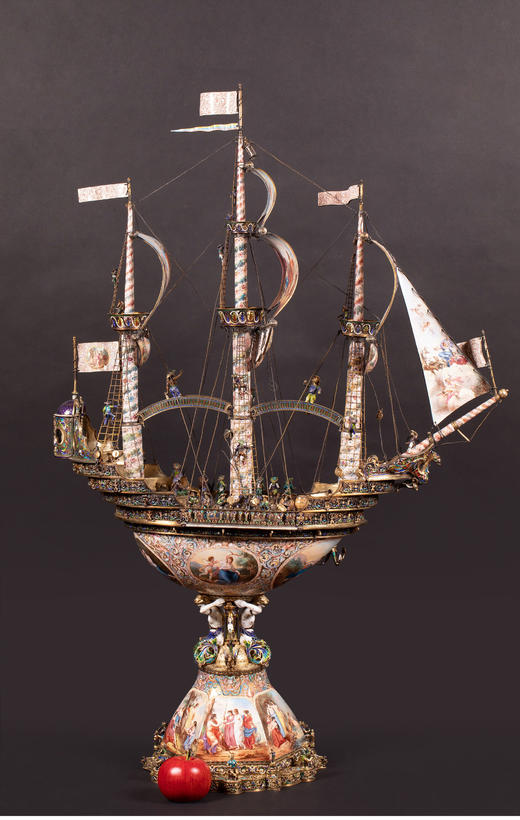 独角鹿西洋古董奥地利新文艺复兴风手绘彩色珐琅纯银镀金帆船摆件 商品图1