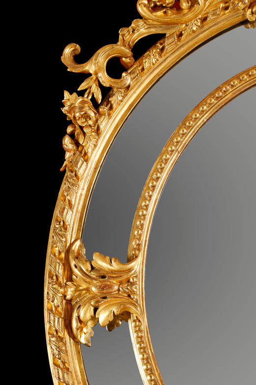独角鹿西洋古董拿破仑三世时期路易十五风格椭圆形木质鎏金挂镜子 商品图2