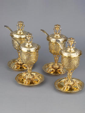 独角鹿西洋古董银器William Elliott狩猎主题纯银镀金糖罐套件