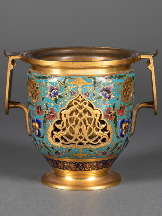 独角鹿西洋古董法国工坊铜鎏金镂雕东方花卉錾胎珐琅双耳罐一对 商品图4