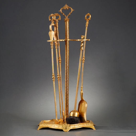 独角鹿西洋古董法国路易十六风格茛苕造型精雕铜鎏金壁炉工具套件 商品图0