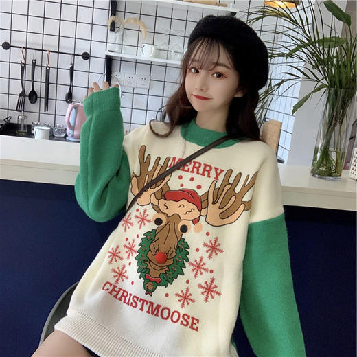 【显瘦甜美风❗️圣诞款麋鹿毛衣】百搭宽松套头慵懒风，大红色圣诞毛衣外穿上衣，本命年拼色针织毛衣，圣诞节日礼物小鹿雪人新年礼盒年货礼盒 商品图5