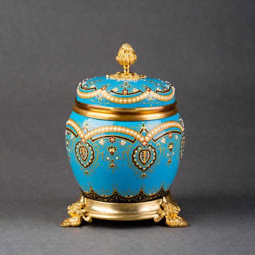 独角鹿西洋古董摆件法国铜胎天蓝地布雷松珐琅糖果罐 商品图0