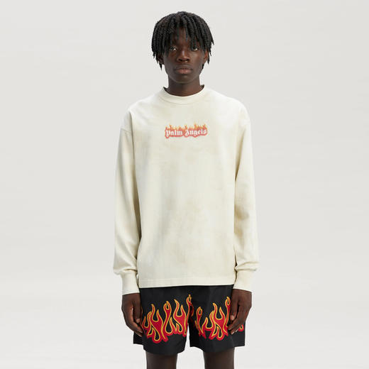 PALM ANGELS 棕榈天使 男士棉质燃烧标志印花圆领长袖卫衣 白色 PMAB002F22JER002 0310 商品图1