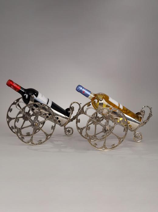 独角鹿西洋古董摆件银器工坊WMF双轮车造型精雕镀银酒瓶架一对 商品图0