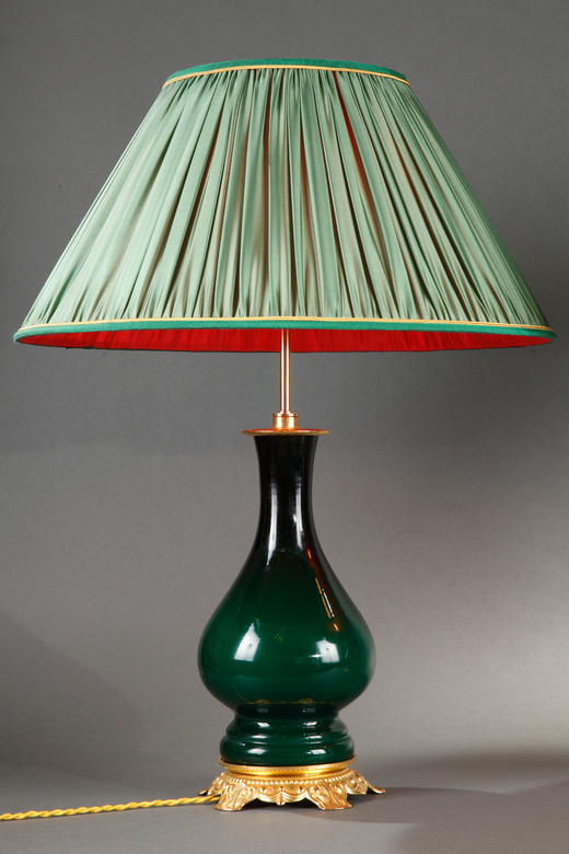 独角鹿西洋古董1950年代法国铜鎏金绿色梨形瓷瓶古董台灯一对 商品图3