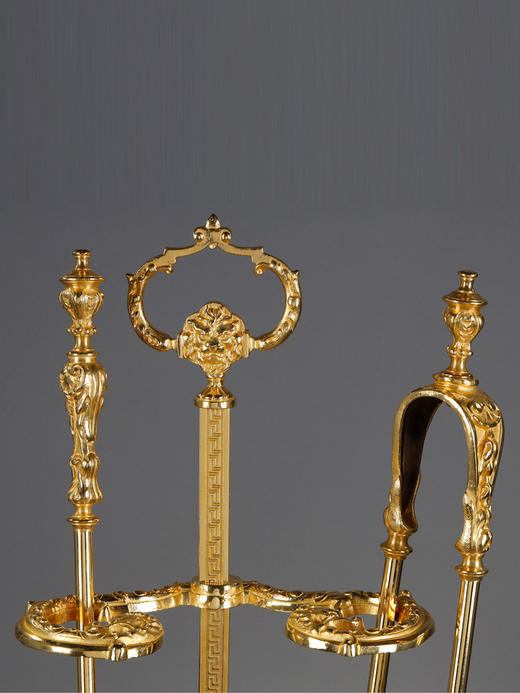 独角鹿西洋古董法国古典雄狮造型精雕铜鎏金壁炉工具套件 商品图4