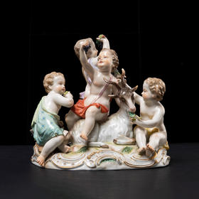 独角鹿西洋古董摆件德国梅森瓷窑洛可可风格采摘葡萄的小天使瓷偶