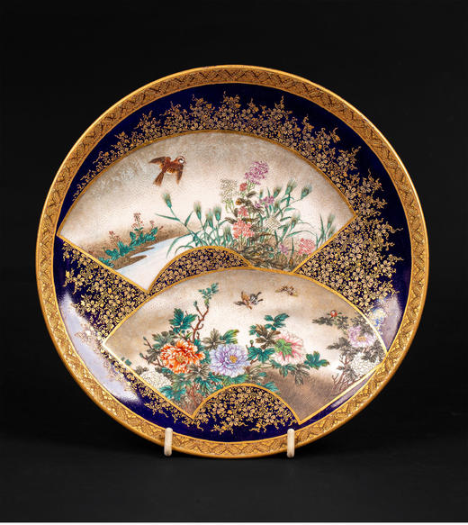 独角鹿西洋古董瓷器日本明治时代錦光山造金彩花鸟萨摩烧瓷盘一对 商品图2