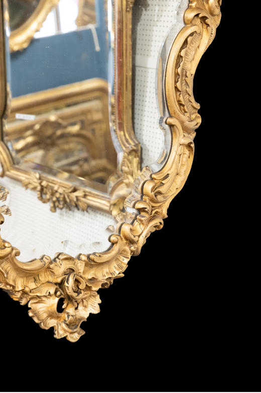 独角鹿西洋古董法国路易十五风格繁花卷叶鎏金灰墁浮雕盾形挂镜 商品图3