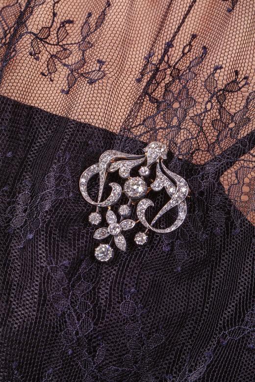 独角鹿西洋古董珠宝英国首饰黄金底纯银镶嵌钻石冠冕项链胸针耳环 商品图1