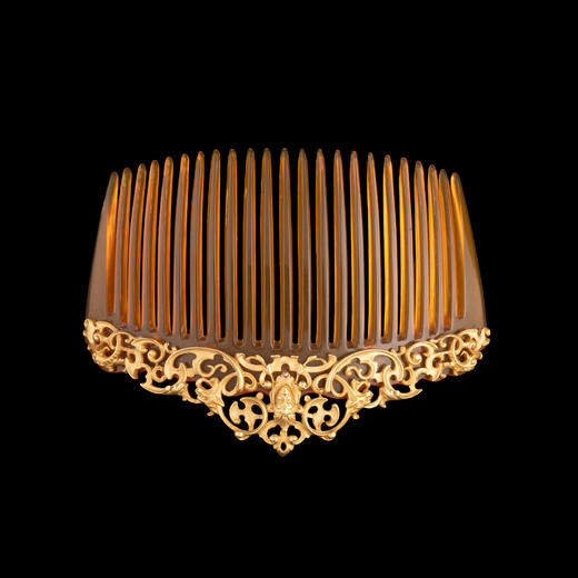 独角鹿西洋古董珠宝法国18K黄金雕饰怪面神兽花叶纹样发梳发饰 商品图0