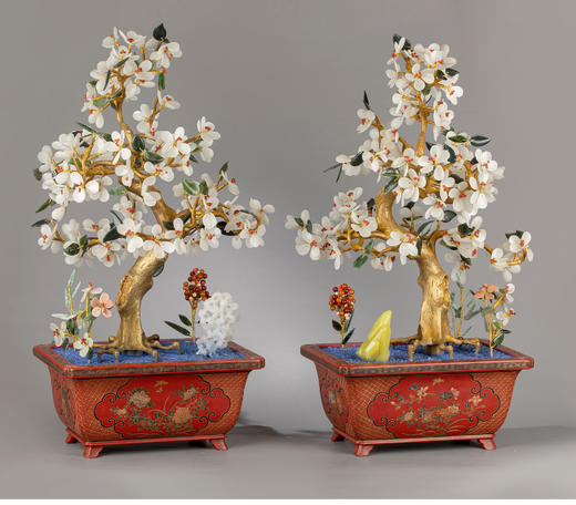 【已售】独角鹿西洋古董创汇时期中国花蝶主题大漆盆海棠花像生盆景一对 商品图4