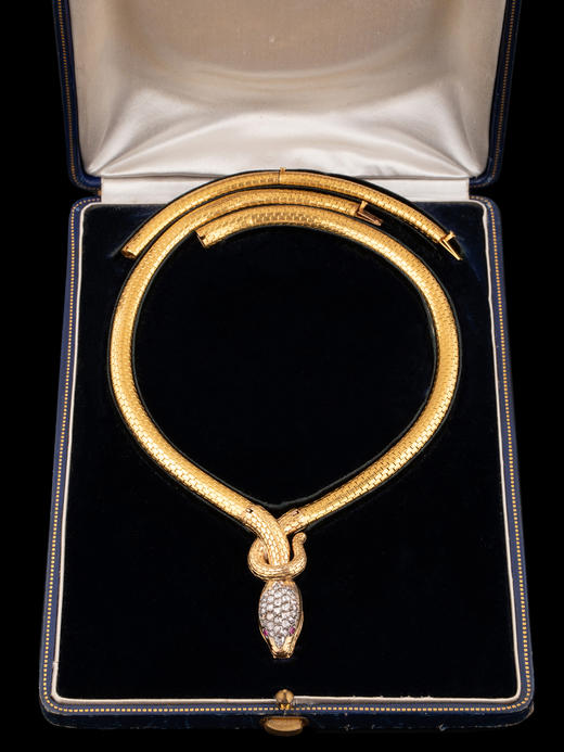 独角鹿西洋古董珠宝首饰18K黄金镶钻石红宝石灵蛇可拆卸调式项链 商品图4