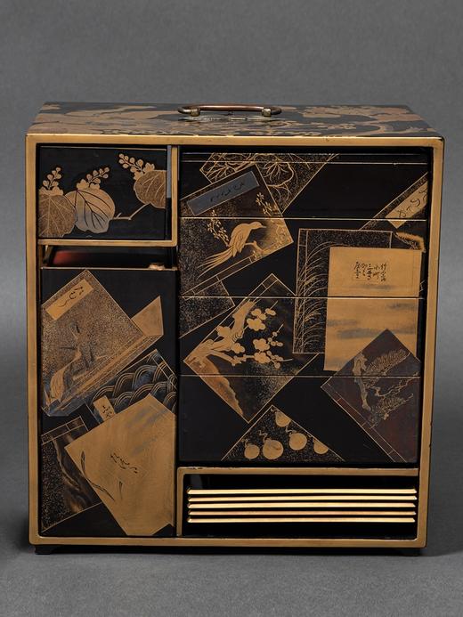 独角鹿西洋古董日本黑地金漆莳绘装饰花鸟书卷主题盒式套件 商品图0