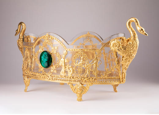 独角鹿西洋古董法国天鹅与神话人物铜鎏金琉璃浮雕肖像双耳水晶盆 商品图3