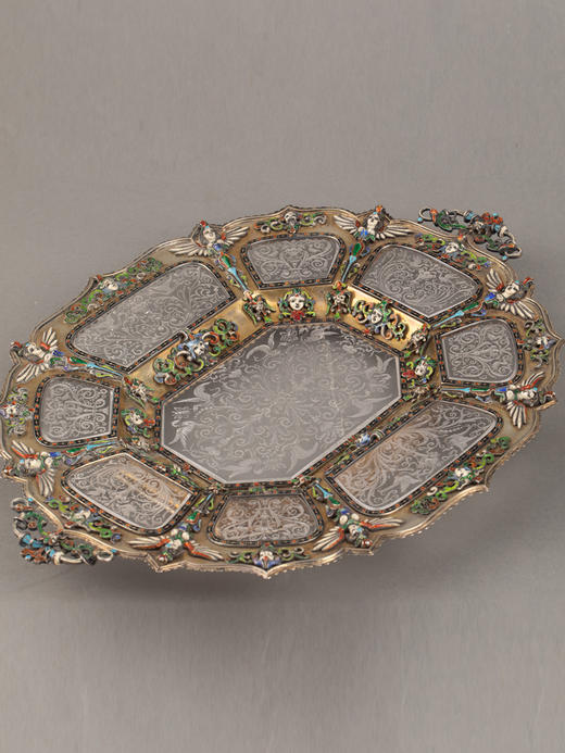 独角鹿西洋古董奥地利新文艺复兴银鎏金彩色珐琅水晶托盘水壶套件 商品图2