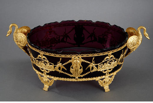 独角鹿西洋古董法国帝政风格天鹅与女神铜鎏金镂雕红色水晶双耳盆 商品图2