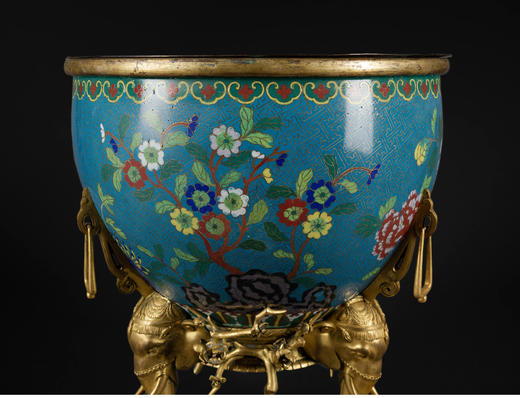 独角鹿西洋古董吉象造型铜鎏金底座饰东方花卉主题景泰蓝花盆套 商品图4