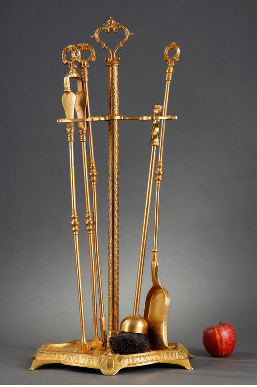 独角鹿西洋古董法国路易十六风格茛苕造型精雕铜鎏金壁炉工具套件 商品图1