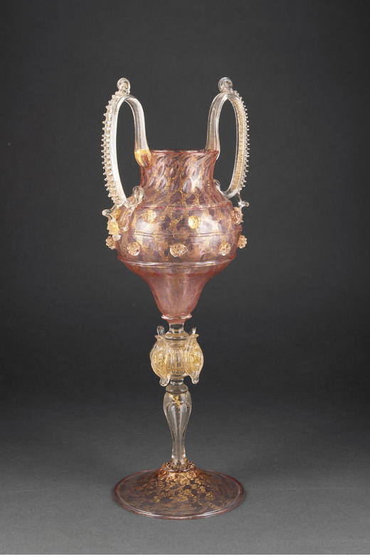 独角鹿西洋古董意大利威尼斯Murano玻璃点金工艺粉色双耳高脚杯 商品图1