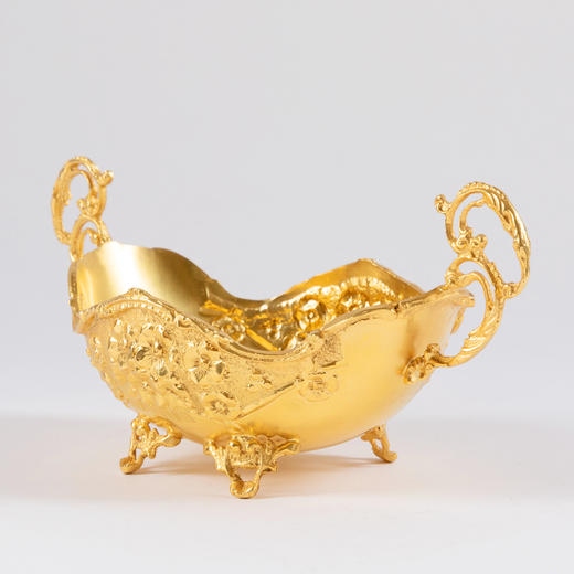 独角鹿西洋古董19世纪末法国出品银镀金雕刻双耳盘果盘摆件 商品图2