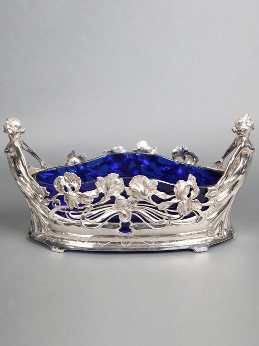 独角鹿西洋古董德国新艺术风蓝色水晶仙女繁花镀银精雕水果篮 商品图0