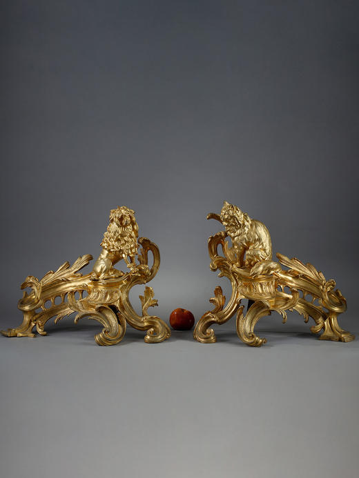 独角鹿西洋古董路易十五风格宠物猫狗主题精雕铜鎏金壁炉柴架一对 商品图1