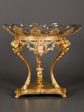 独角鹿西洋古董铜鎏金镶古典女子Cameo浮雕巴卡拉水晶高脚果樽