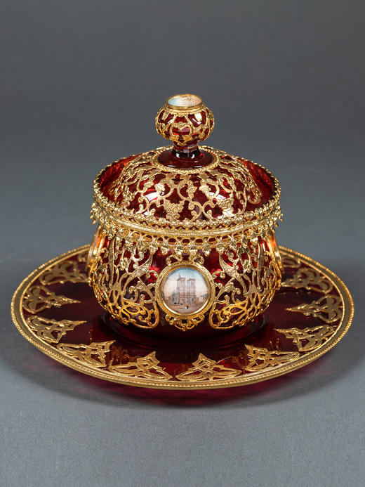 独角鹿西洋古董法国花叶纹理铜鎏金巴黎风景细密画红色水晶糖果罐 商品图0