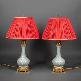 独角鹿西洋古董铜鎏金堆白纹饰青釉瓷瓶手工百褶灯罩台灯一对