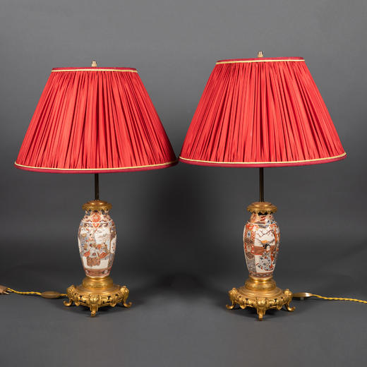 独角鹿西洋古董吉象铜鎏金嵌描金萨摩烧花瓶手工百褶灯罩台灯一对 商品图0