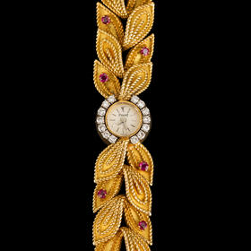 独角鹿西洋古董瑞士钟表世家18k金镶红宝石铂金钻石表盘女士腕表