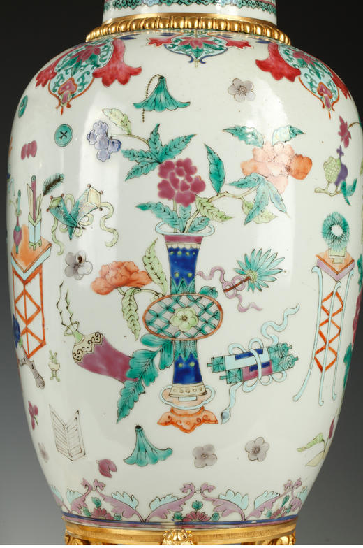 独角鹿西洋古董法国/中国博古主题精雕铜鎏金镶嵌带盖瓷瓶一对 商品图2